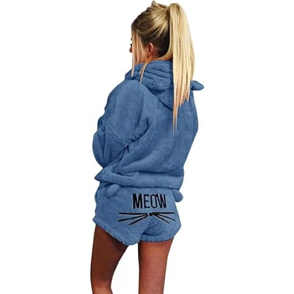 Fleece 2 piece Pajama Set Embroidered Meow Shorts Hoodie Sleepwear Size Small