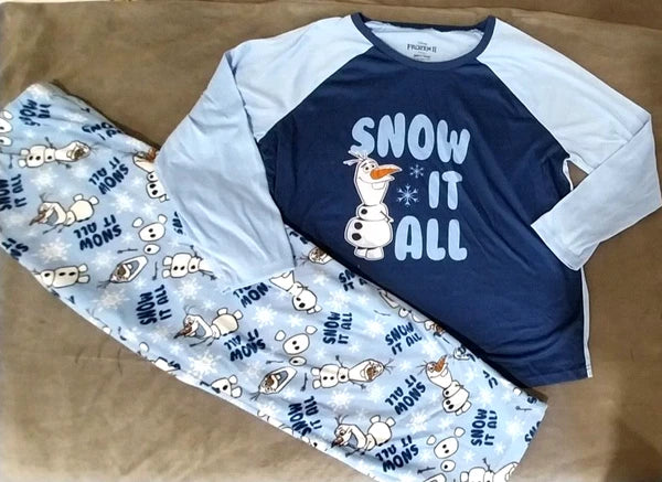 OLAF DISNEY Frozen Navy Light Blue "Snow it All" Pajamas Top Fleece Bottom XL