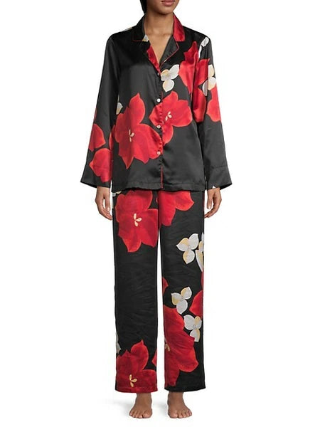 Natori Floral Print Silky Pajama Set Black + Red Size Large ($180) NWT