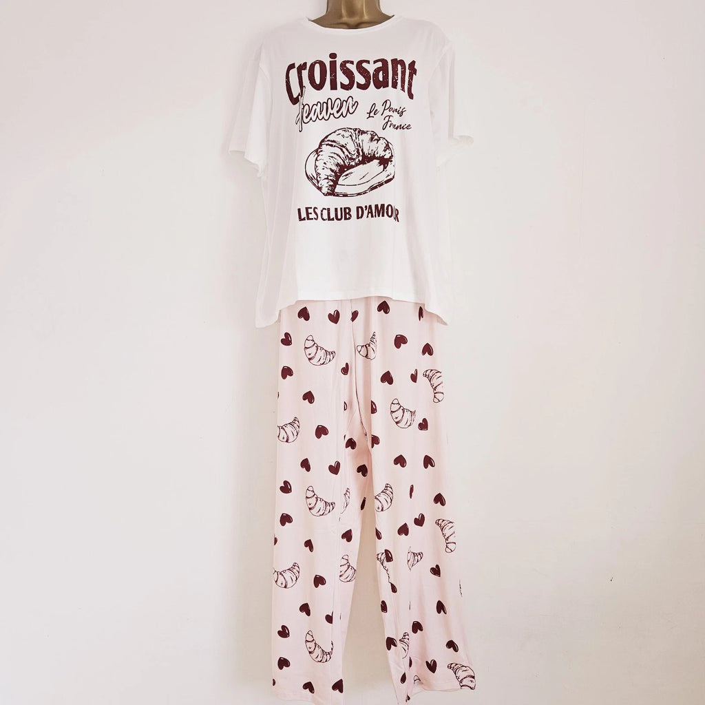 NEW Simply Be Plus Size 16-34 Croissant Print Pink Pyjama 2 Piece Set Top Bottom