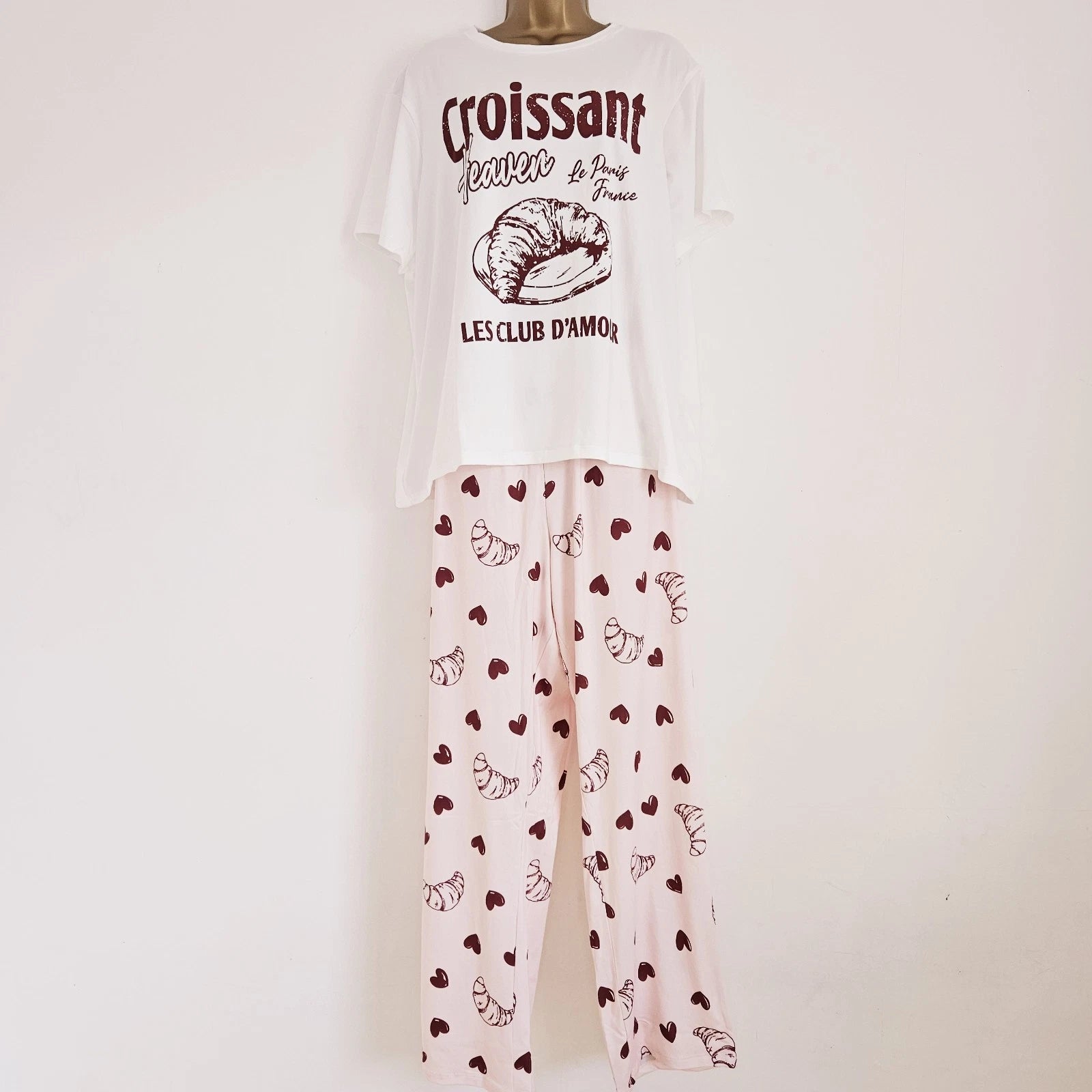 NEW Simply Be Plus Size 16-34 Croissant Print Pink Pyjama 2 Piece Set Top Bottom