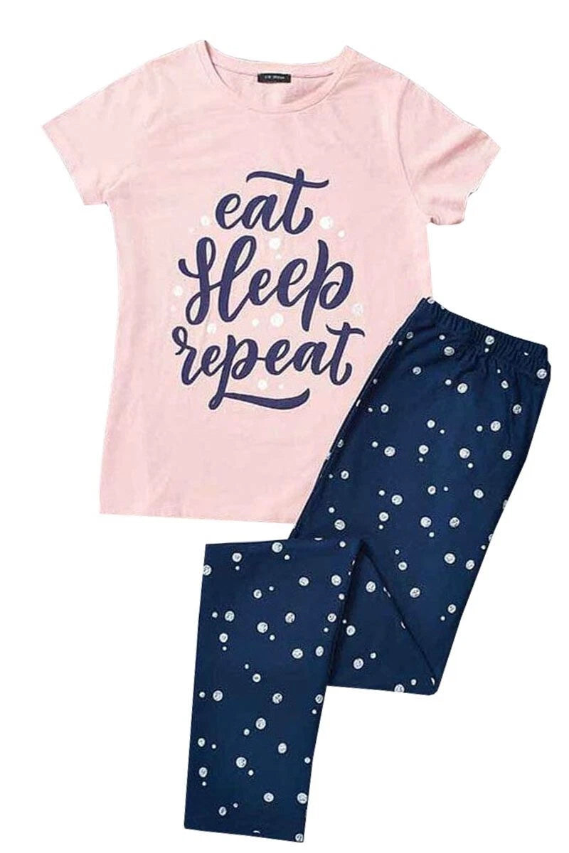 Avon Womens Pyjamas 100% Cotton Ladies Lounge Set Eat Sleep Repeat Pjs Teen Gift