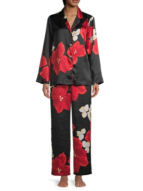 Natori Floral Print Silky Pajama Set Black + Red Size Large ($180) NWT