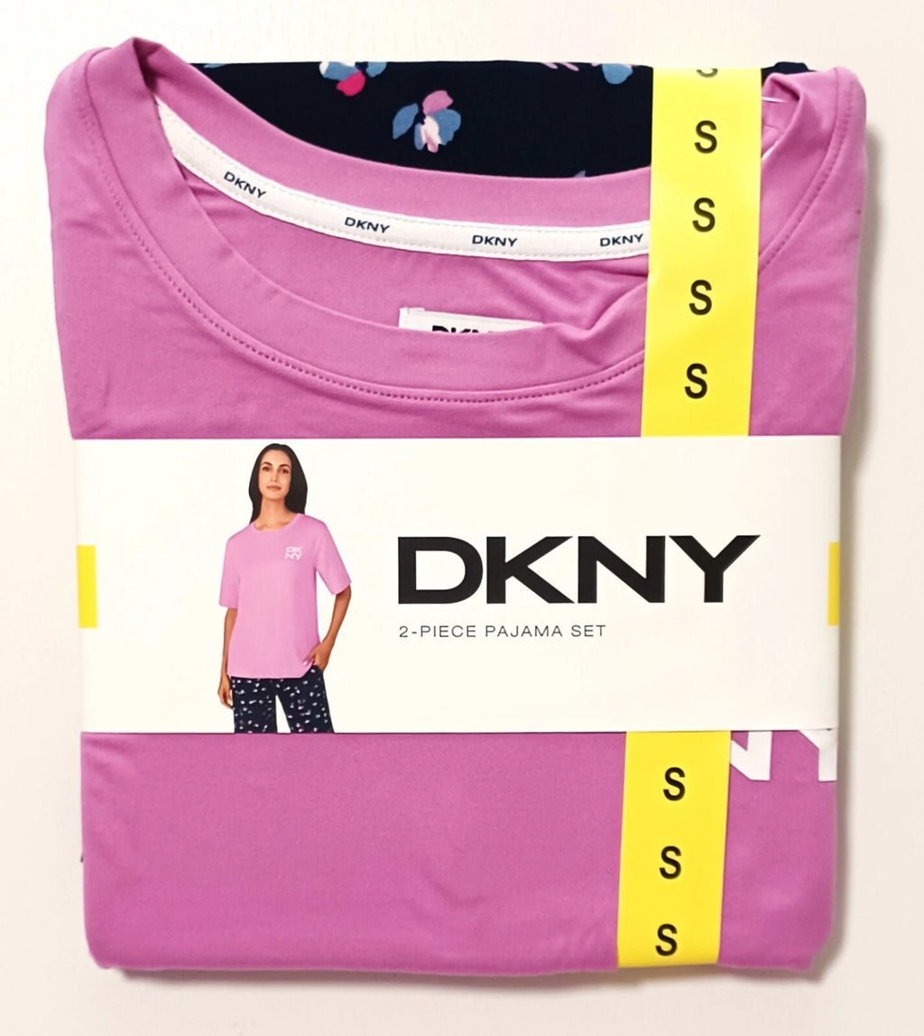 NWT DKNY Ladies' 2-piece Pajama Set Size Small Purple & Navy Soft Tee/Crop Pants