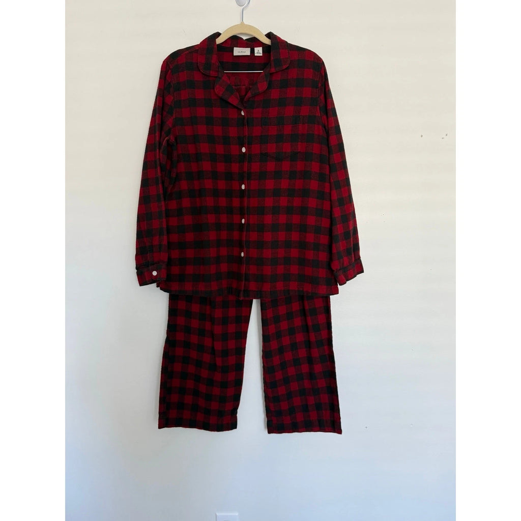 LL Bean Pajamas Womens Medium Red Black Scotch Plaid Flannel Rob Roy Set Holiday