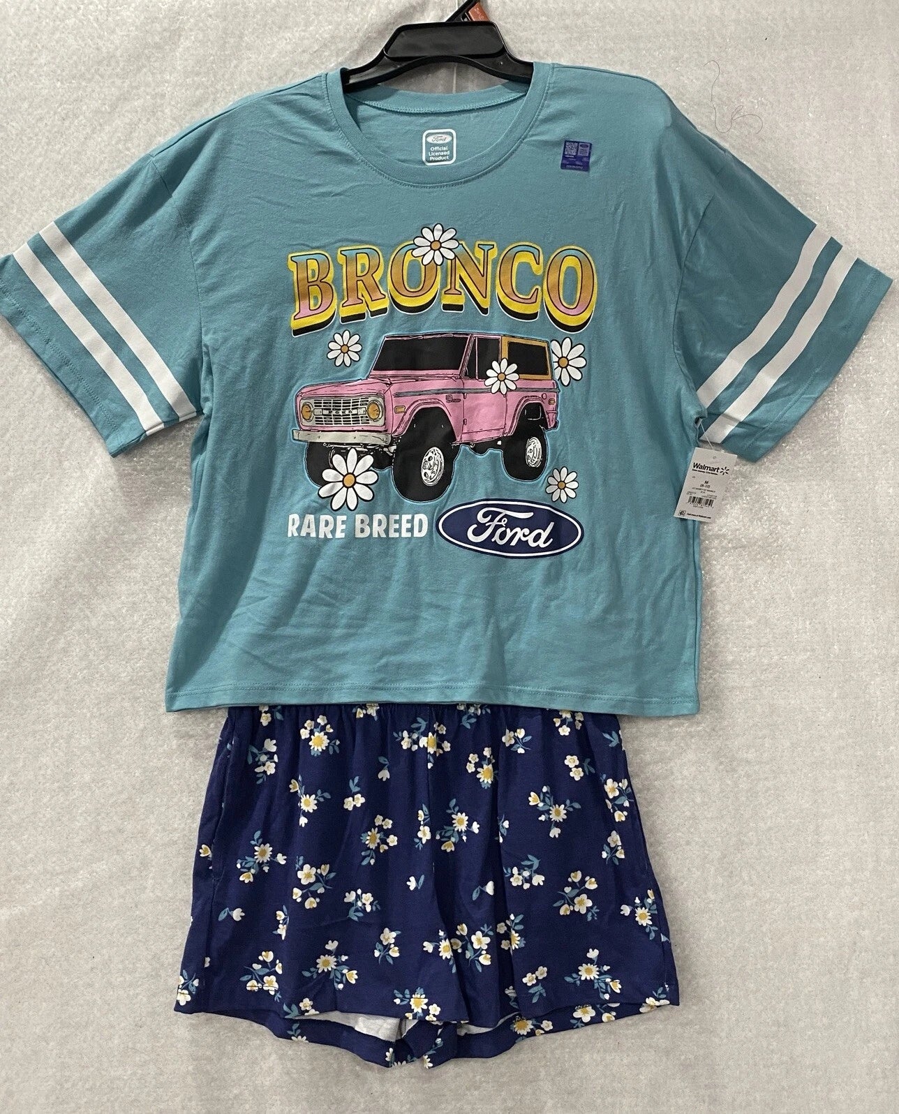 Bronco Ford Pajama Short Set Women's Medium Blue Retro Lounge 2 Piece Faded Teal