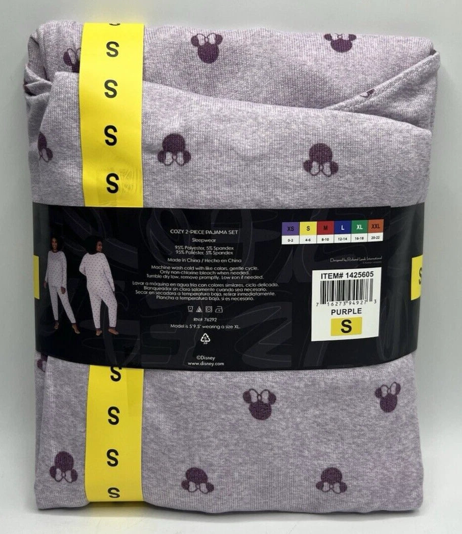 Women's Size S Disney Minnie Mouse 2-Piece Cozy Pajama Set Long Sleeve Purple