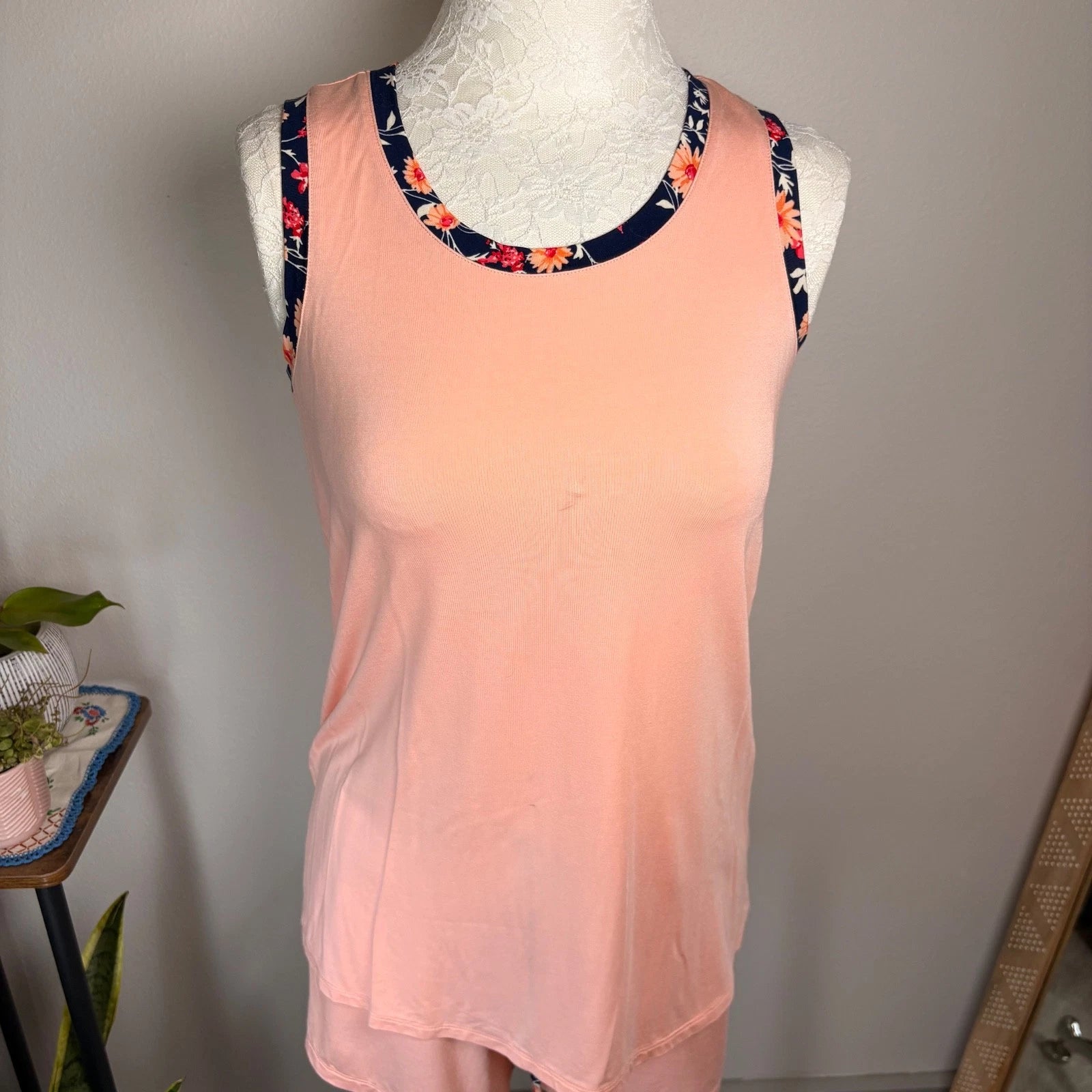 Lands' End XXS Tall ~ Navy Pink Floral Pajama Cooling 3 Piece Set -PR-NWOT *Read