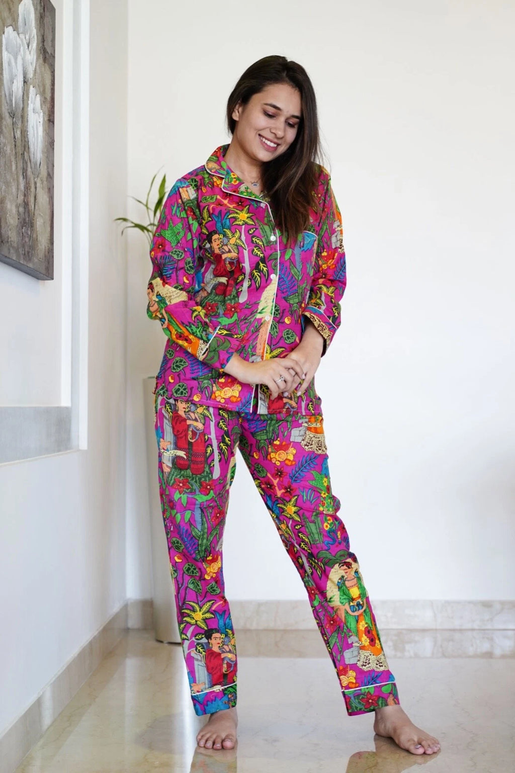 PINK FRIDA PRINT COTTON WOMEN PAJAMA SET SIZE L
