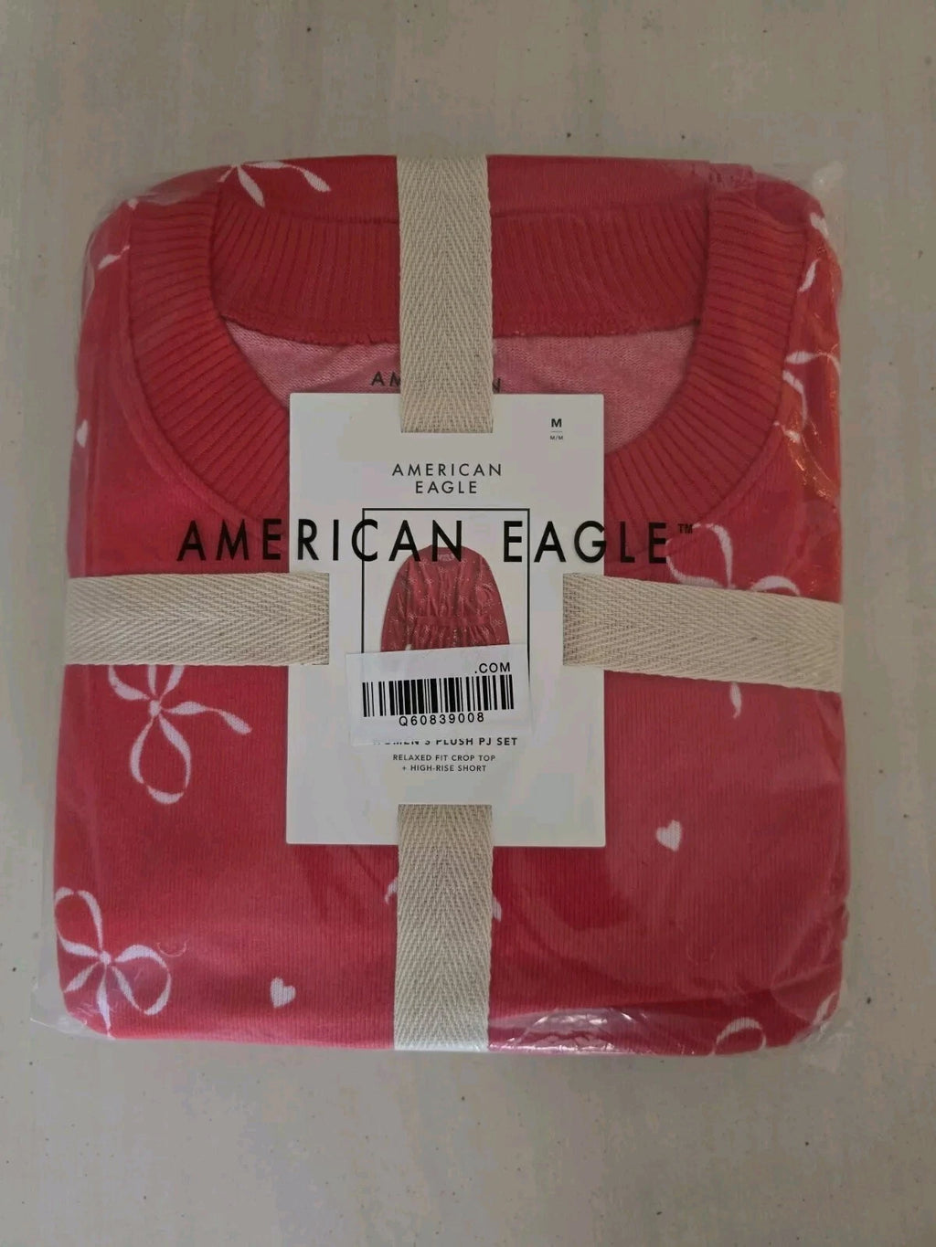 American Eagle Bow Plush PJ Pajama Set Women Medium Shirt & Shorts Red NWT