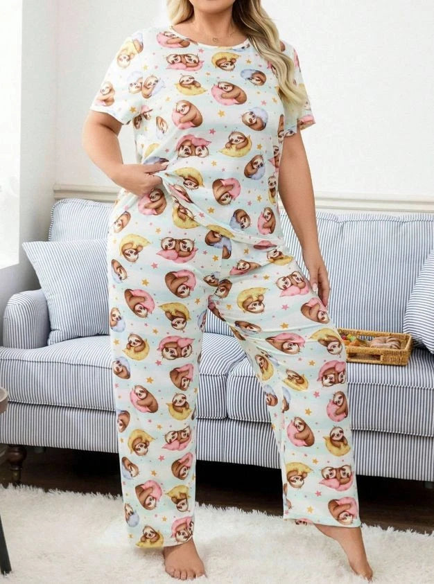 PYJAMA PLUS SIZE 24 26 28 WHITE CUTE CARTOON SLOTH STRETCH LOUNGEWEAR COMFORT