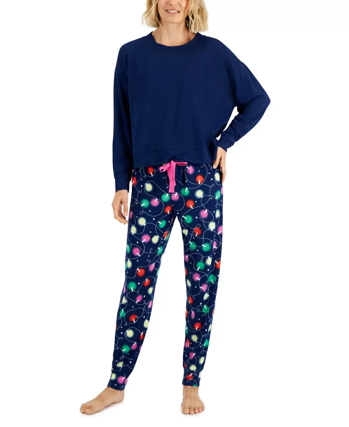 Jenni Women's 2-Piece Pajama Set, Navy Blue Christmas Lights, XXL