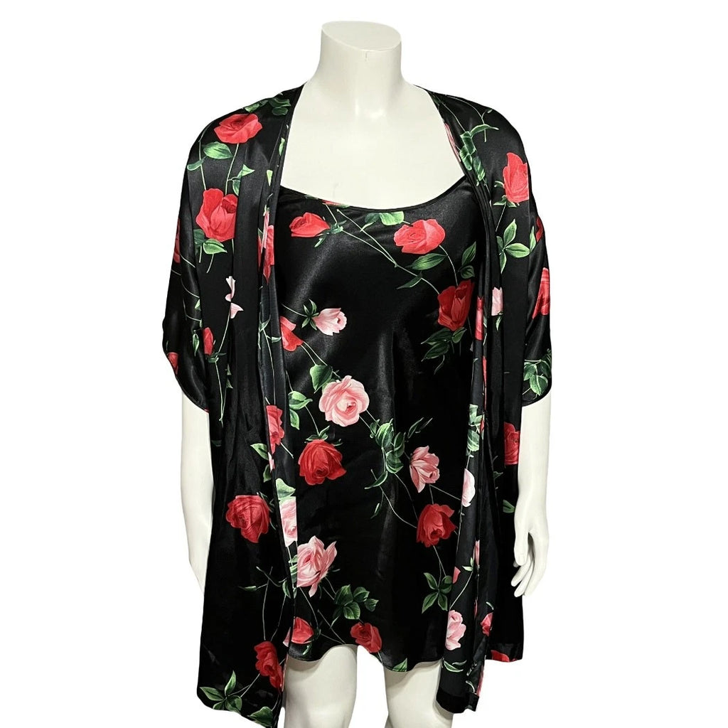 Secret Treasures Black Rose Floral 2 Pc Pajama Robe Set Sz-Medium