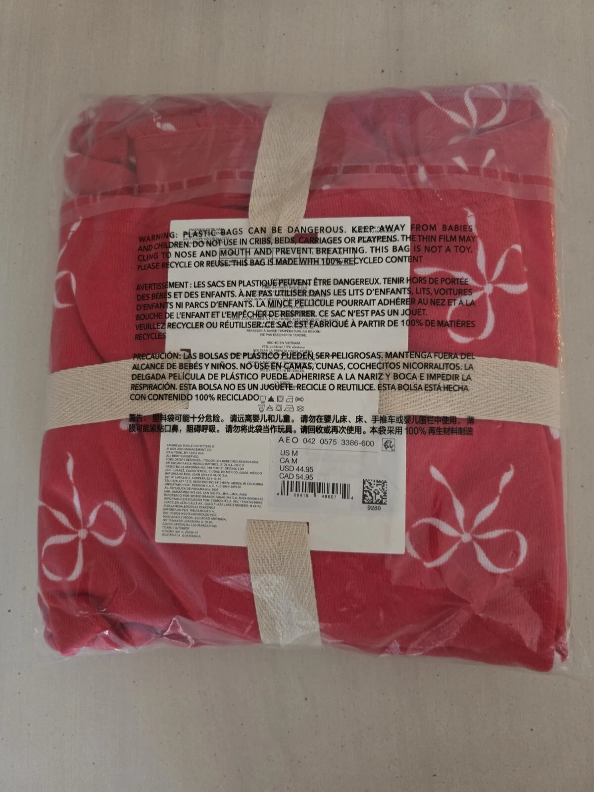 American Eagle Bow Plush PJ Pajama Set Women Medium Shirt & Shorts Red NWT