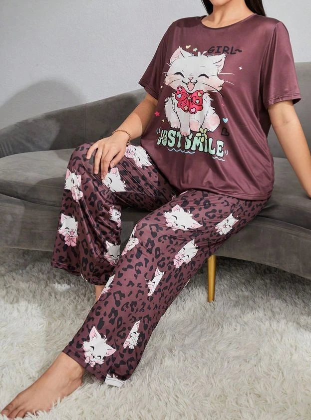 PYJAMA PLUS 20 22 24 26 28 BROWN CUTE CARTOON CAT  STRETCH LOUNGEWEAR COMFORT