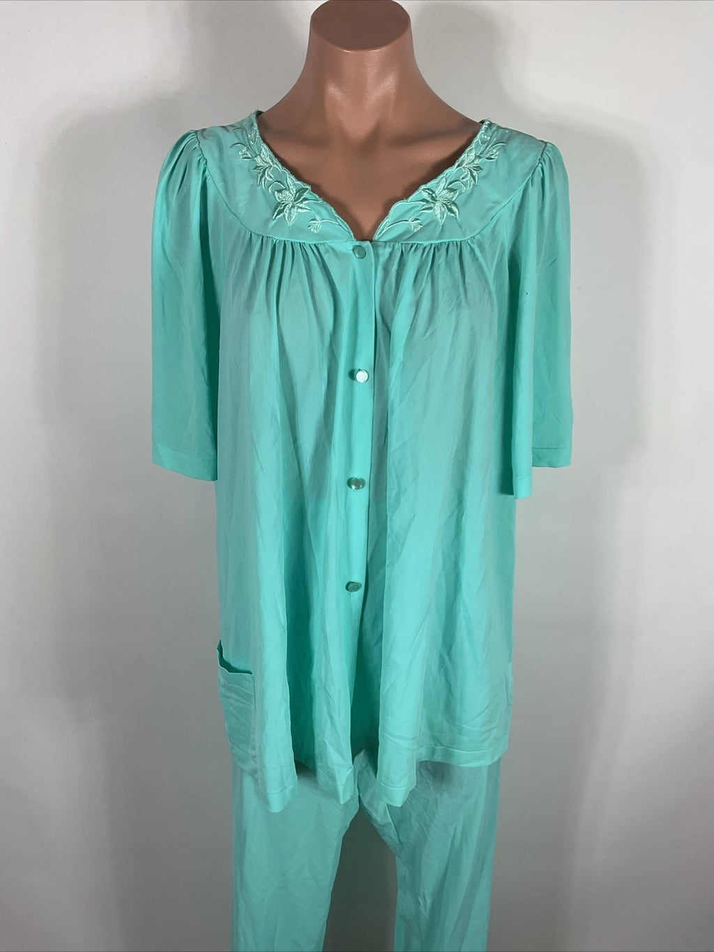Miss Elaine Classics 2 Piece Teal Blue Nylon Pajama Set Women's Size L Silky