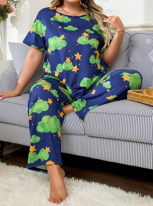 PYJAMA PLUS 18 20 22 24 26 28 BLUE GREEN CLOUD STAR STRETCH LOUNGEWEAR COMFORT
