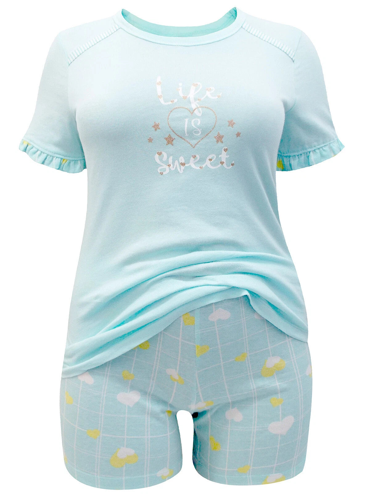 Italian Mi-a-mi Aqua Cotton Heart Frill Trim Shorts Pyjama Set 10 12 14 16 20