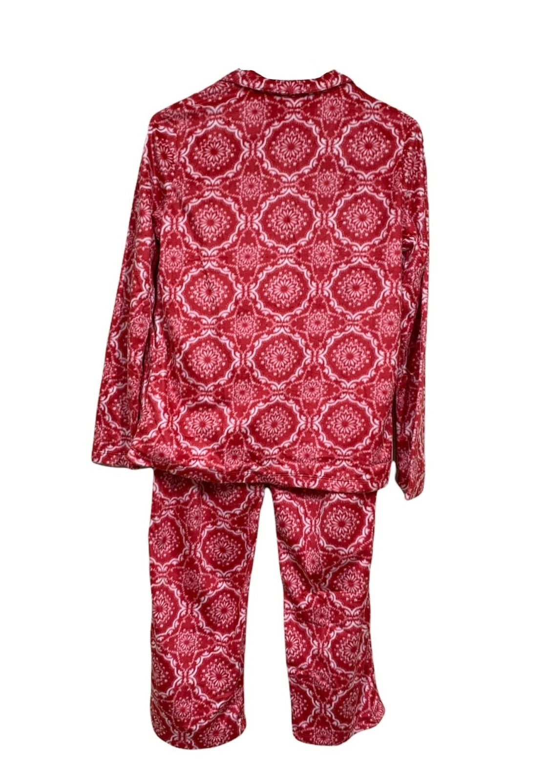 Adonna Fleece Pant Pajama Set Women's Sz XS Red White Long Sleeve Button Pocket