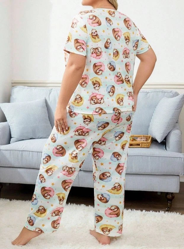 PYJAMA PLUS SIZE 24 26 28 WHITE CUTE CARTOON SLOTH STRETCH LOUNGEWEAR COMFORT