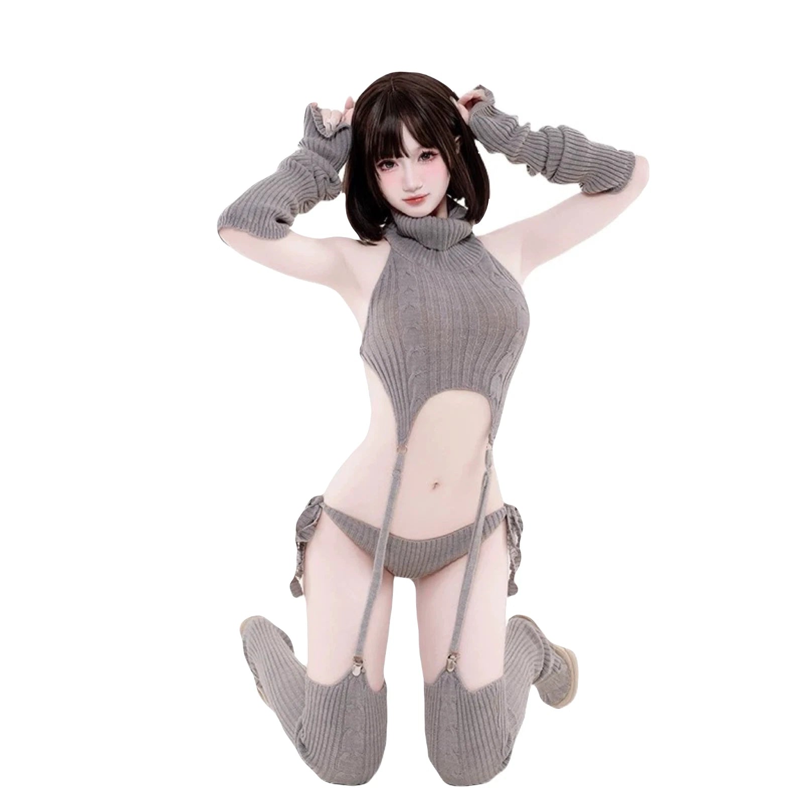 Cozy Knit Lingerie Set with Turtleneck & Garters Cute Bareback Sweater Pajama Co