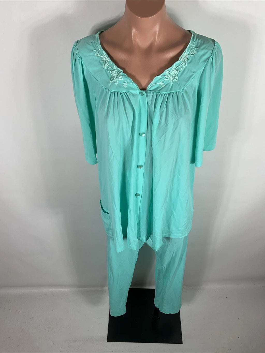 Miss Elaine Classics 2 Piece Teal Blue Nylon Pajama Set Women's Size L Silky