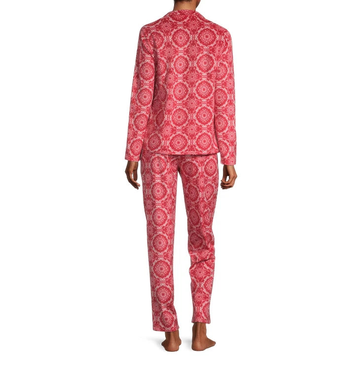 Adonna Fleece Pant Pajama Set Women's Sz XS Red White Long Sleeve Button Pocket