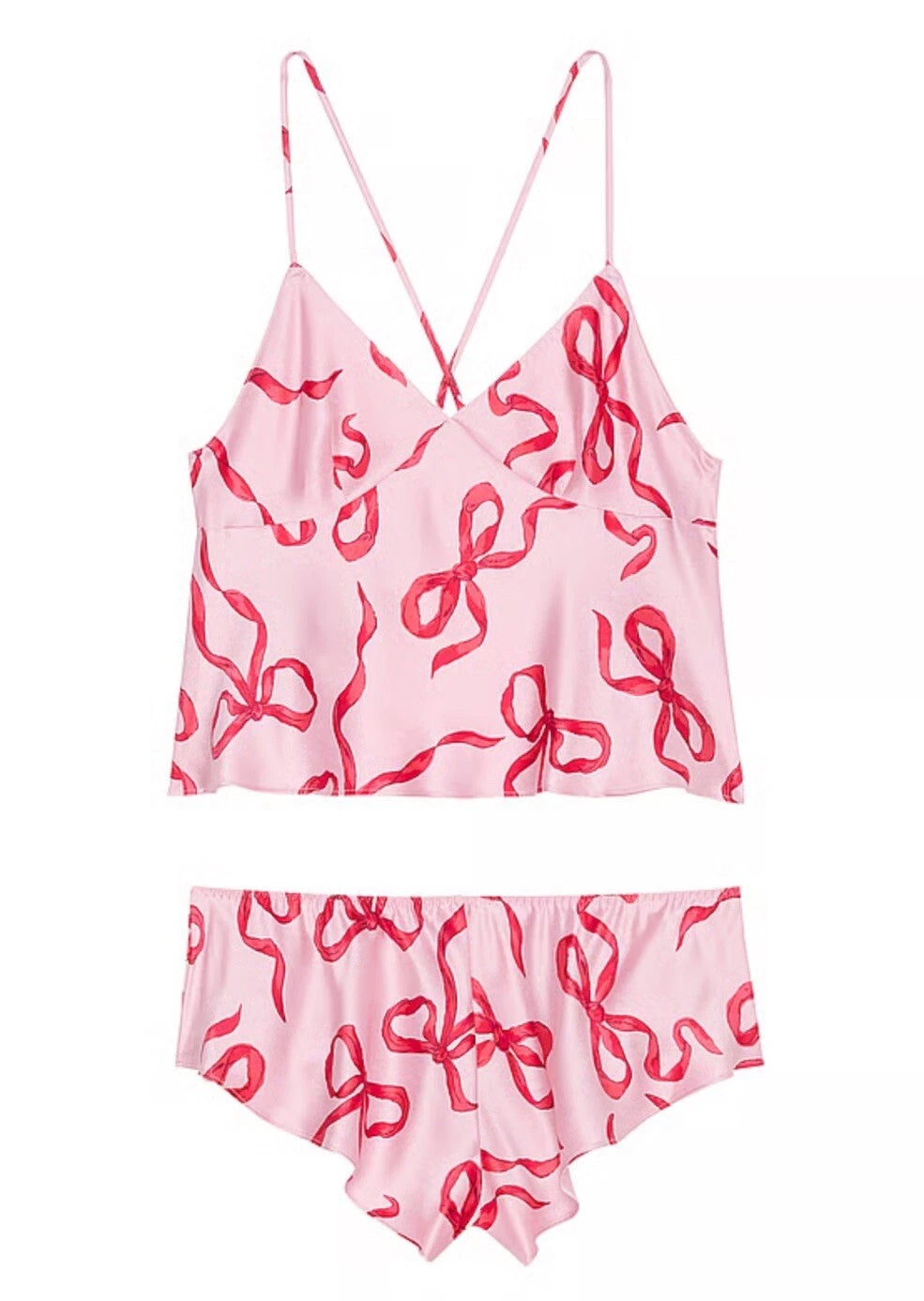 NEW Victoria’s Secret Satin Cami Set Chalk Pink Red Bows Fashion Show Pj’s M