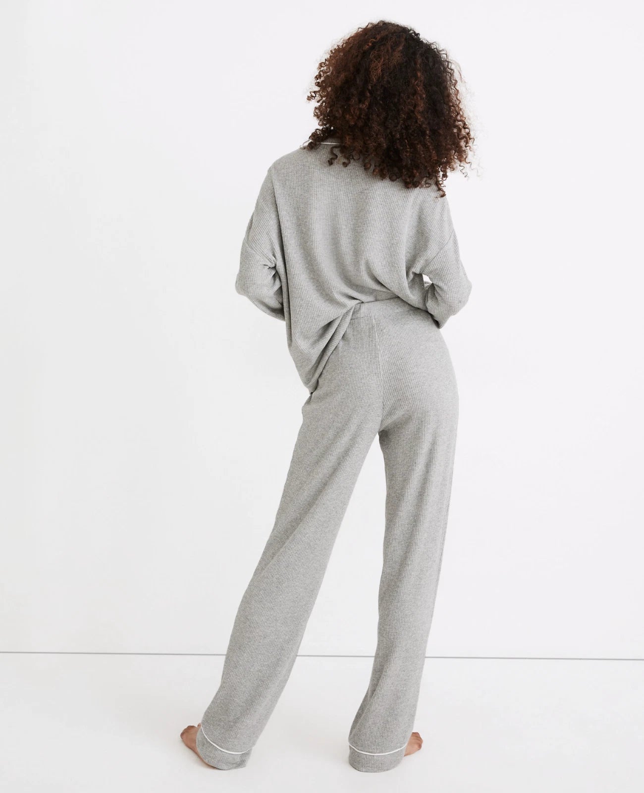 MADEWELL WOMEN'S HEATHER GREY LONG SLEEVE PIPPED WAFFLE KNIT PAJAMA SET Sz XXS