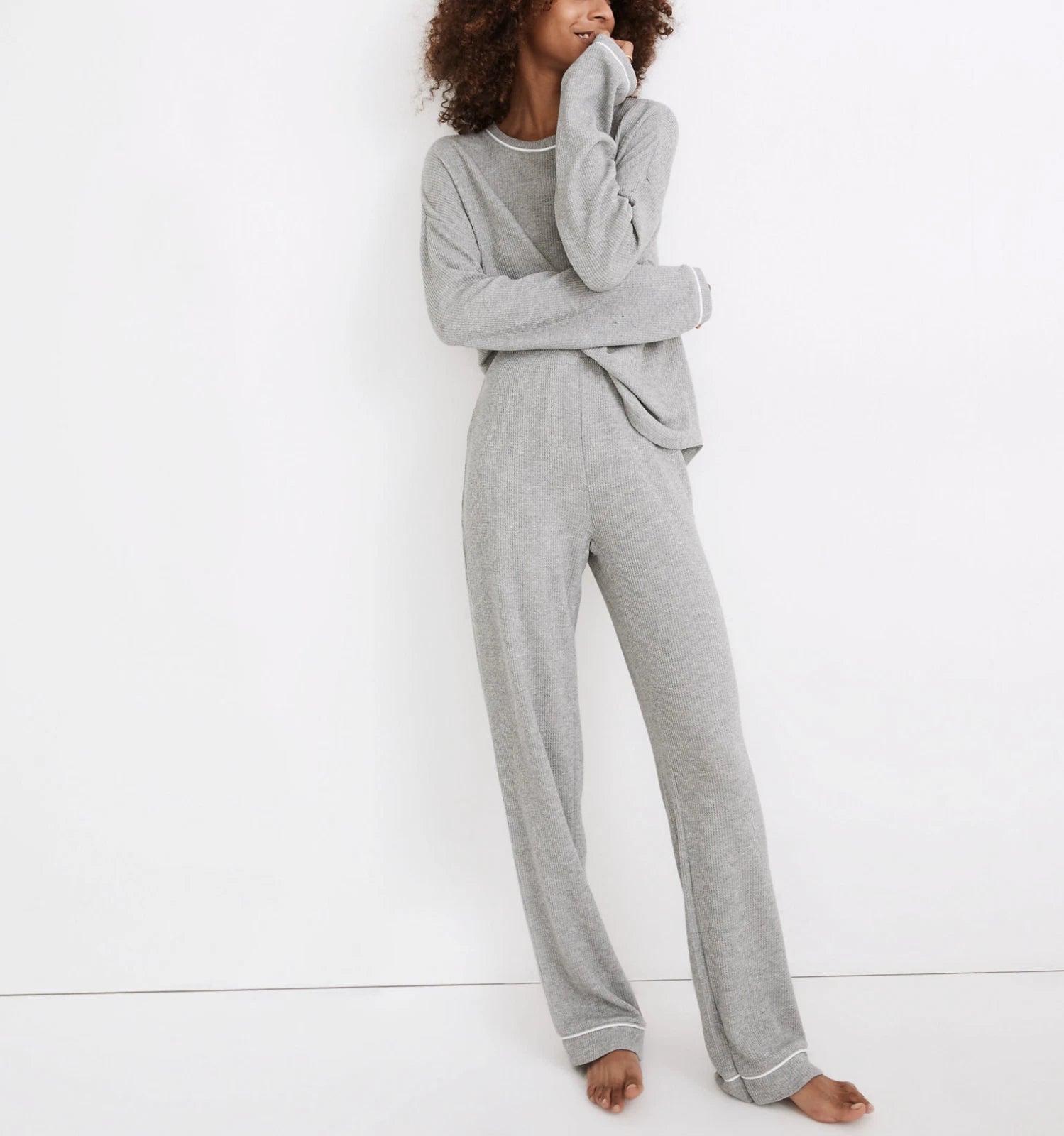 MADEWELL WOMEN'S HEATHER GREY LONG SLEEVE PIPPED WAFFLE KNIT PAJAMA SET Sz XXS