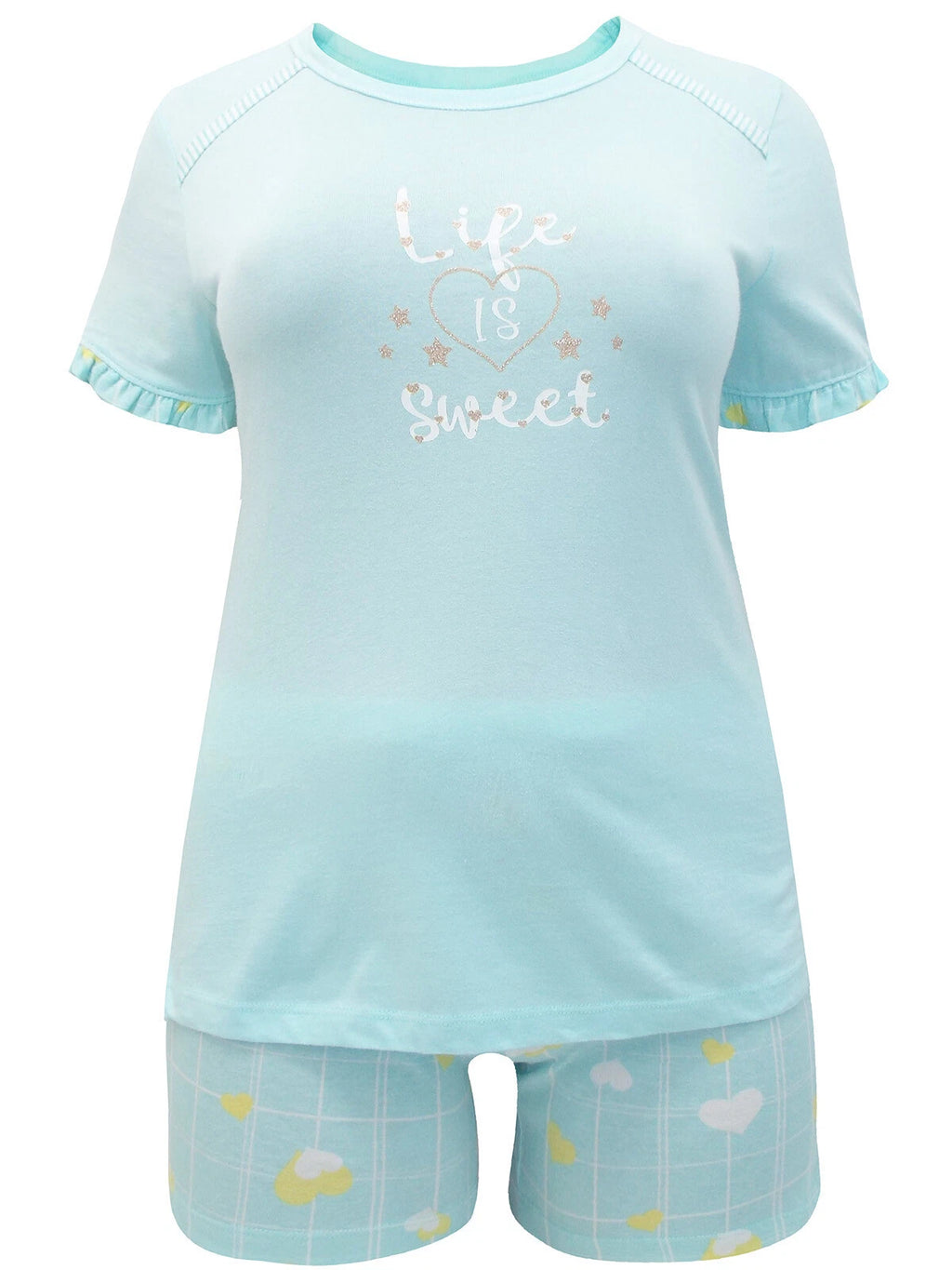 Italian Mi-a-mi Aqua Cotton Heart Frill Trim Shorts Pyjama Set 10 12 14 16 20