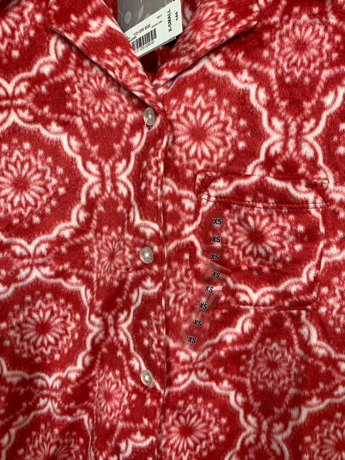 Adonna Fleece Pant Pajama Set Women's Sz XS Red White Long Sleeve Button Pocket