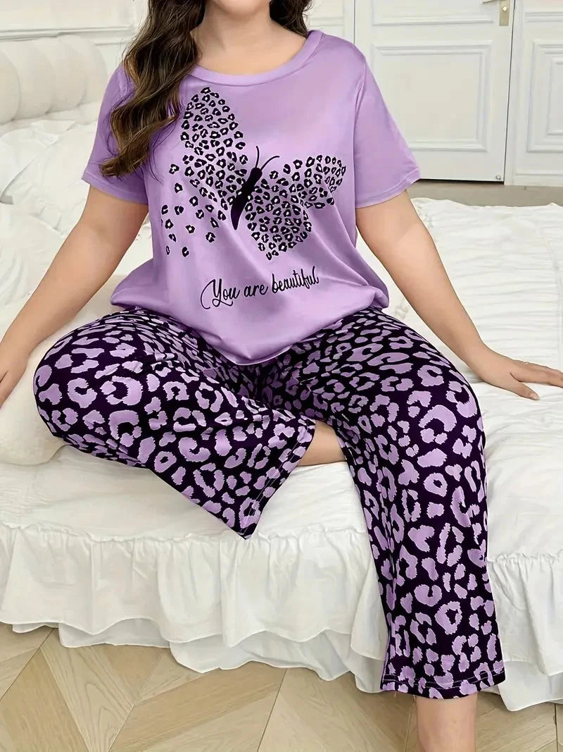 PYJAMA PLUS 20 22 24 26 PURPLE BUTTERFLY ANIMAL PRINT STRETCH LOUNGEWEAR COMFORT