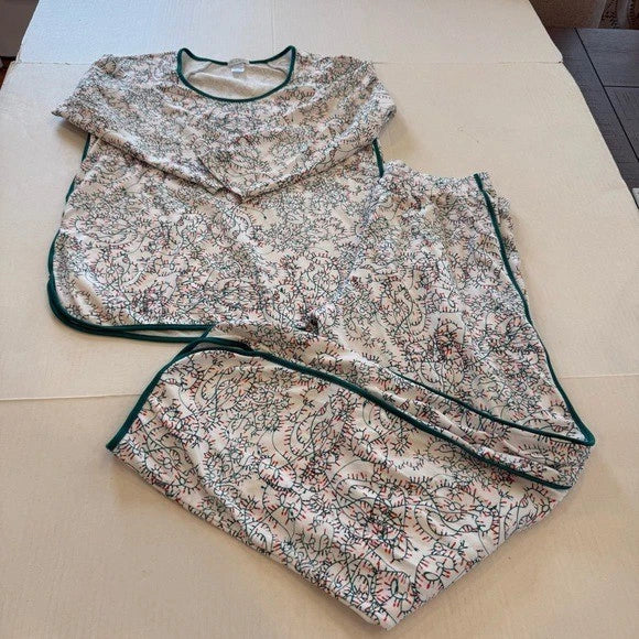 Lake Pajamas Holiday Lights Print 2 Piece Set Small Pima Cotton Top Pants EUC