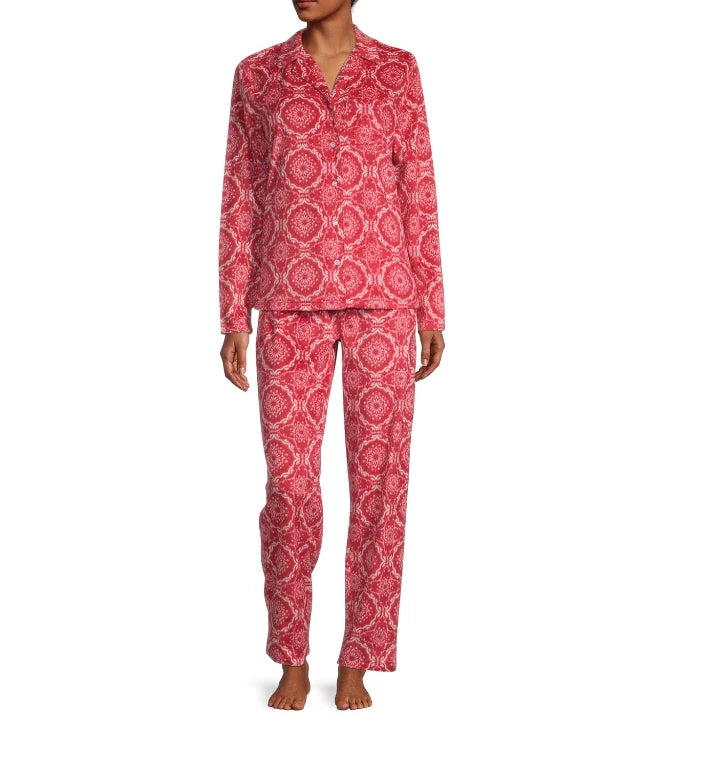 Adonna Fleece Pant Pajama Set Women's Sz XS Red White Long Sleeve Button Pocket