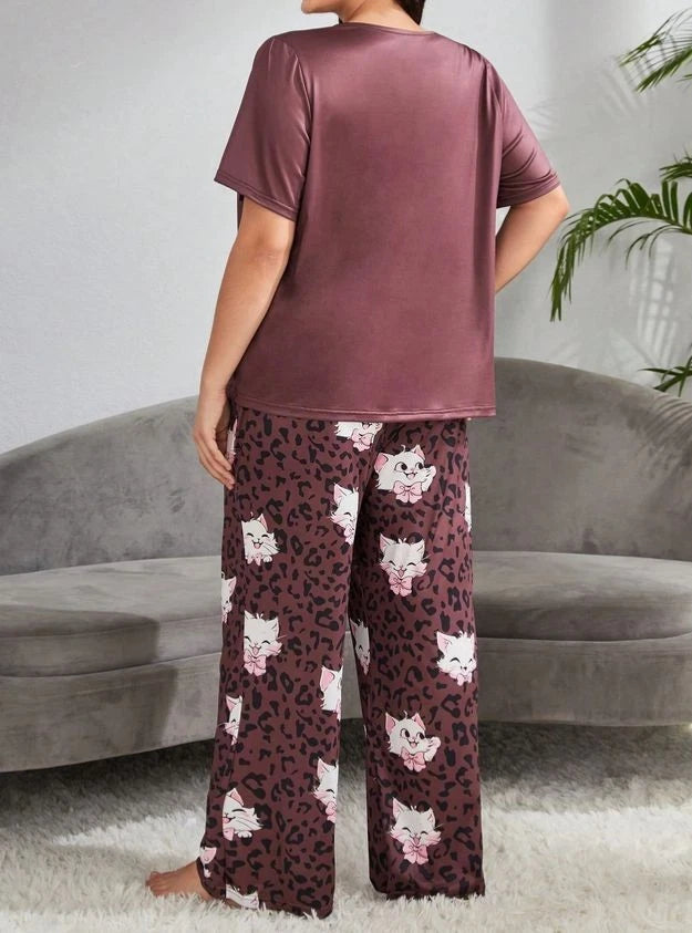PYJAMA PLUS 20 22 24 26 28 BROWN CUTE CARTOON CAT  STRETCH LOUNGEWEAR COMFORT