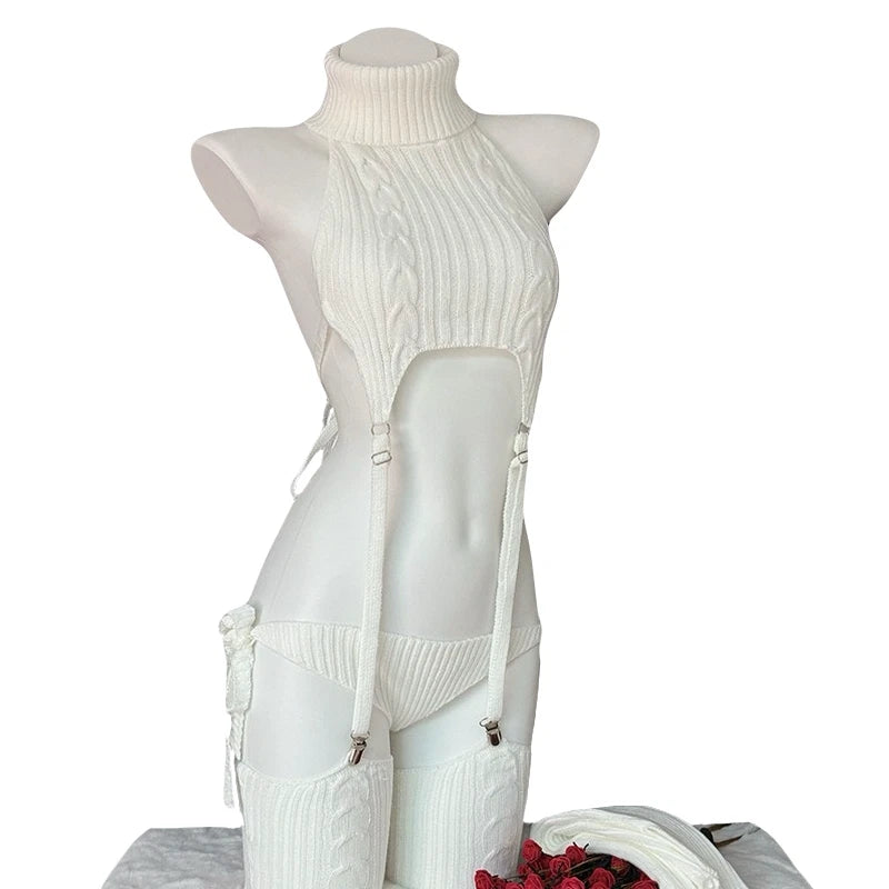 Cozy Knit Lingerie Set with Turtleneck & Garters Cute Bareback Sweater Pajama Co