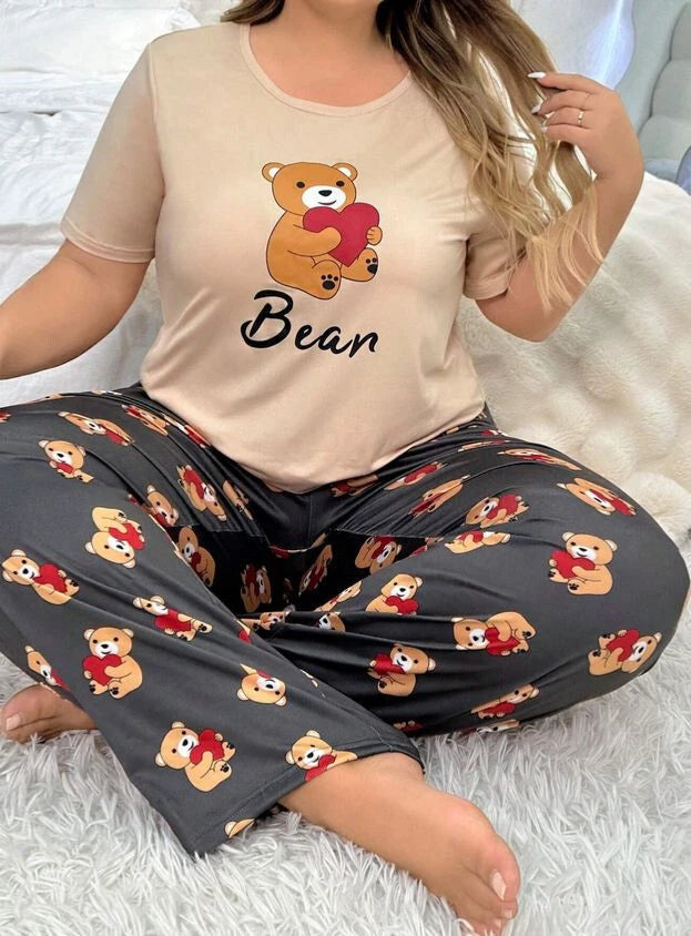 PYJAMA PLUS  20 22 24 MULTICOLOUR TEDDY BEAR HEART STRETCH LOUNGEWEAR COMFORT