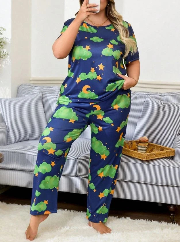 PYJAMA PLUS 18 20 22 24 26 28 BLUE GREEN CLOUD STAR STRETCH LOUNGEWEAR COMFORT