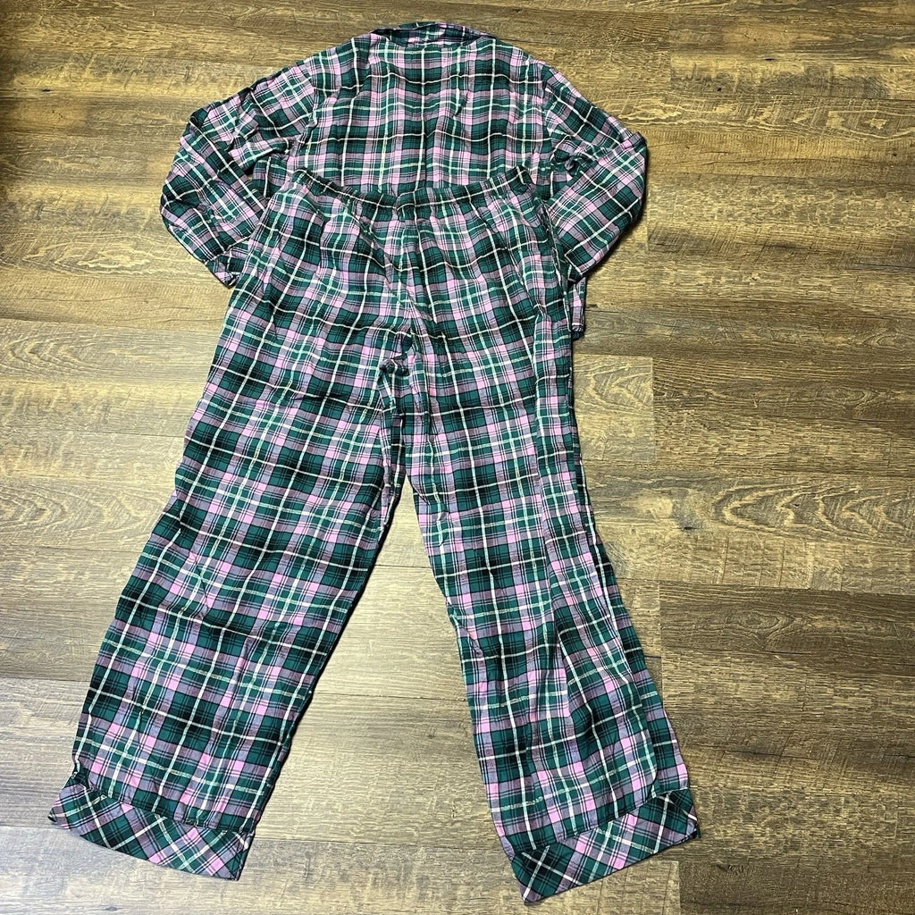 Victoria’s Secret PJ Set Thin Lightweight Flannel Plaid Green Pink Womens Large