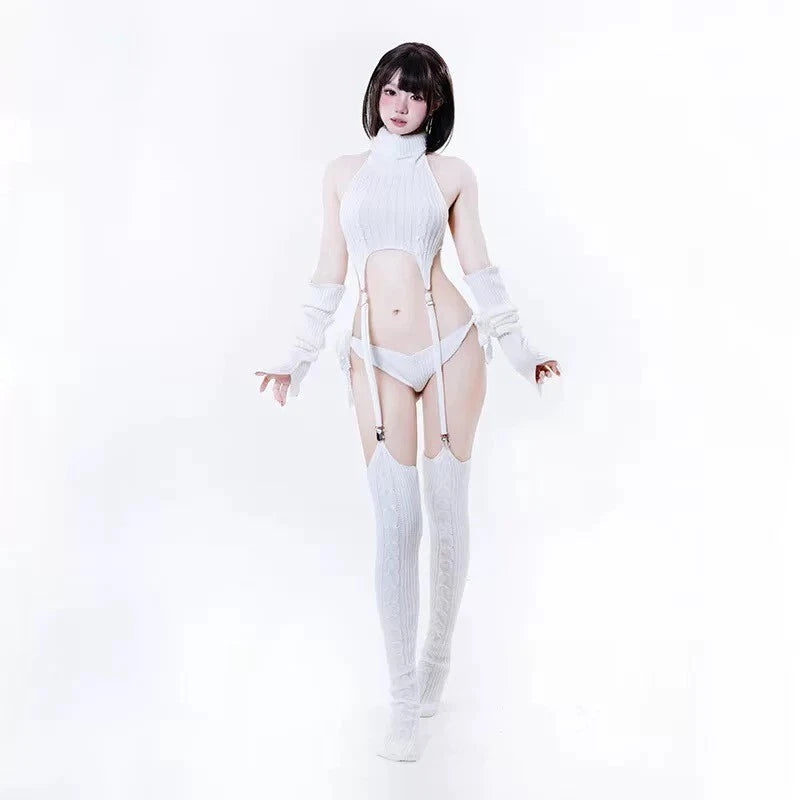 Cozy Knit Lingerie Set with Turtleneck & Garters Cute Bareback Sweater Pajama Co
