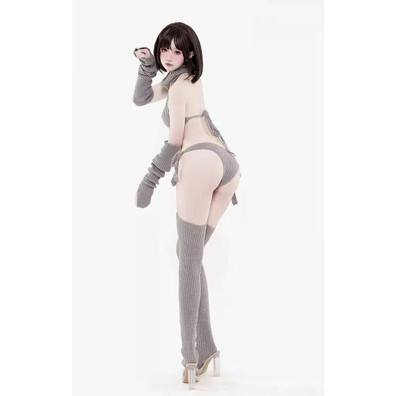 Cozy Knit Lingerie Set with Turtleneck & Garters Cute Bareback Sweater Pajama Co