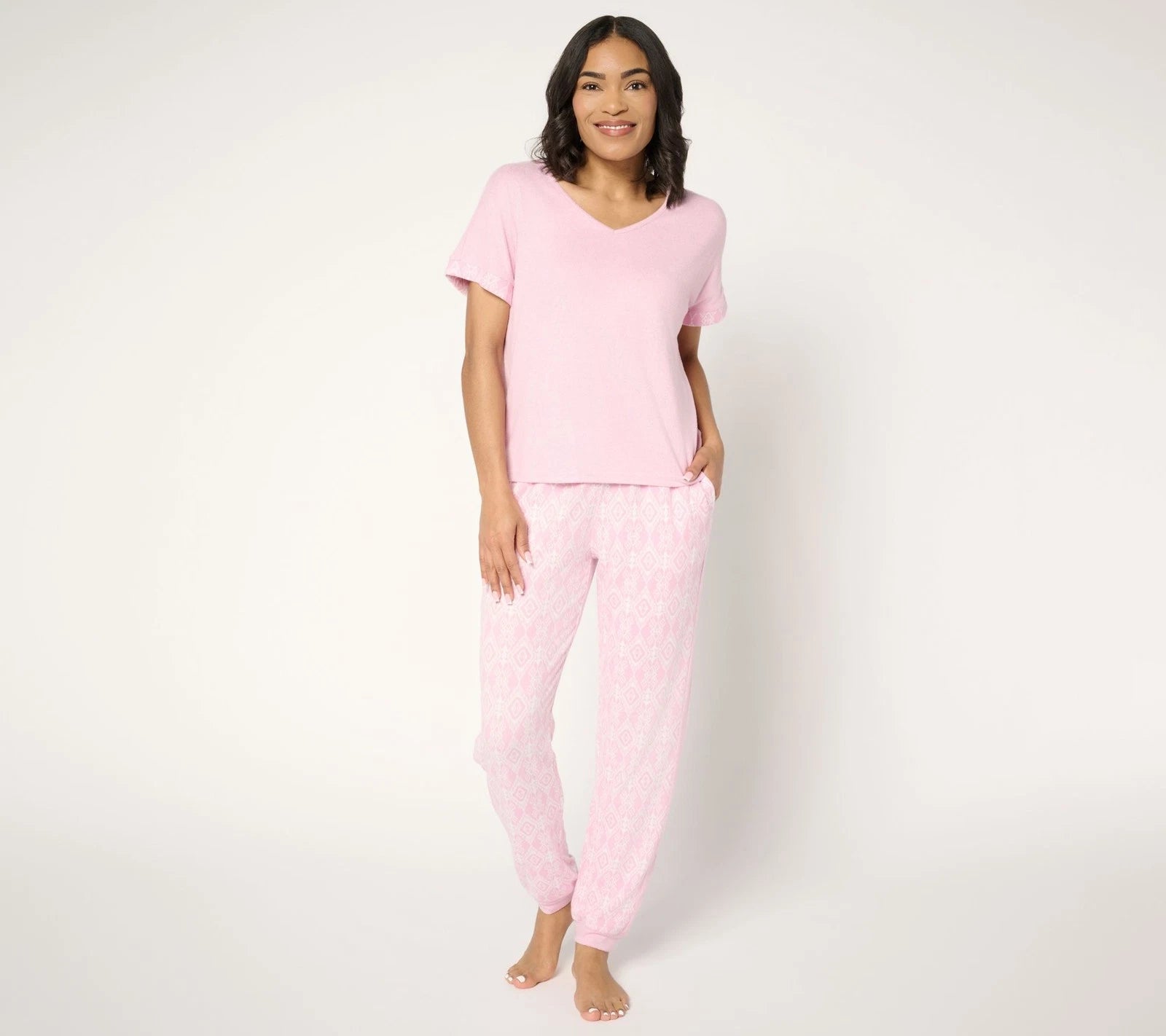 Muk Luks Sweater Knit Short Sleeve and Jogger Pajama Set Pink Ikat XS New