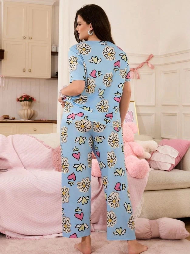 PYJAMA PLUS 18 20 22 24 26 28 LIGHT BLUE FLORAL DAISY STRETCH LOUNGEWEAR COMFORT