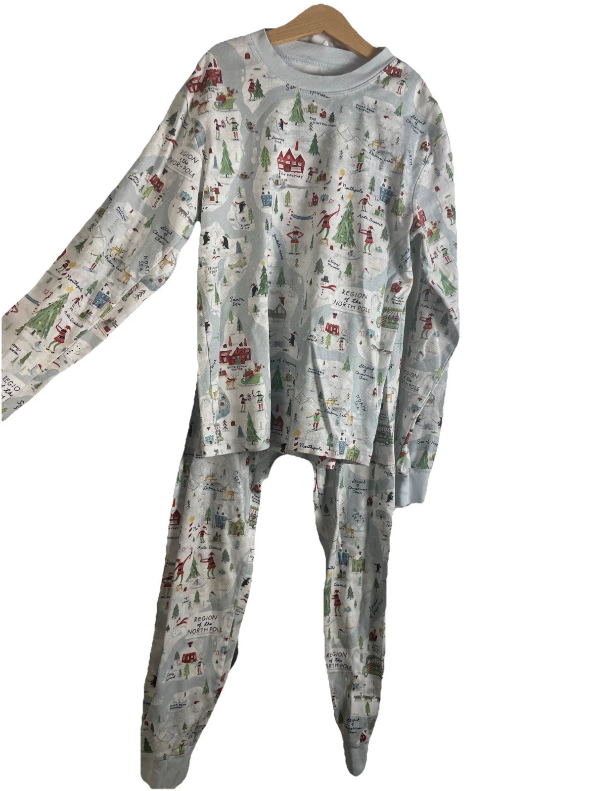 Pottery Barn Adult Holiday Pajama Set XS Blue Graphic Snug Fit