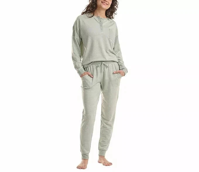 Splendid Women 2 Piece Lounge Set Henley Top Jogger Pants Green Striped X-Large