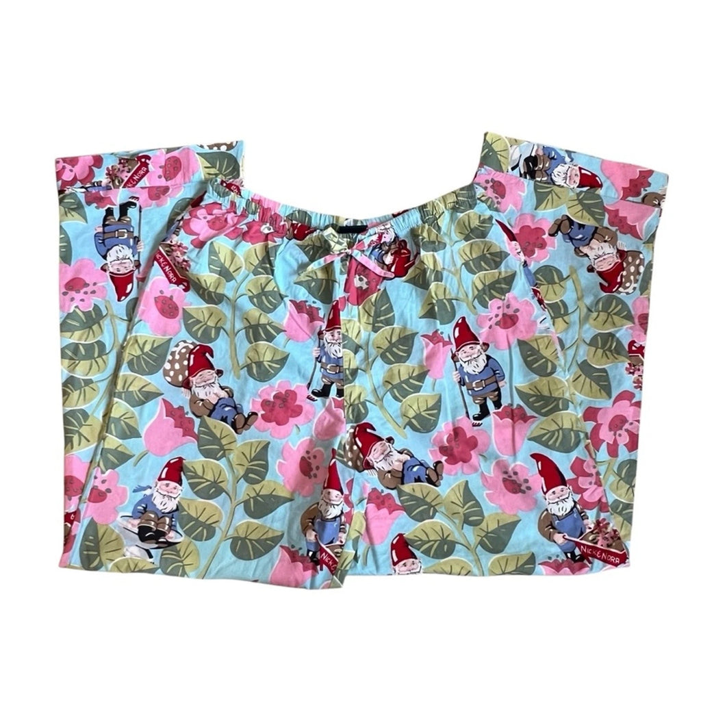 Nick Nora Sz S NWT Spring Pajama Set VTG Floral Garden Gnome Cotton Logo Branded