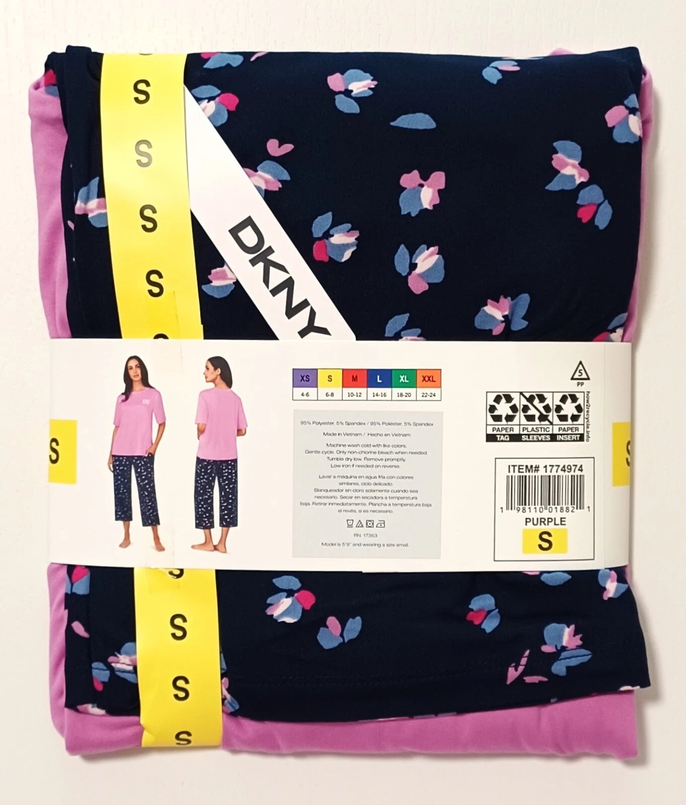 NWT DKNY Ladies' 2-piece Pajama Set Size Small Purple & Navy Soft Tee/Crop Pants