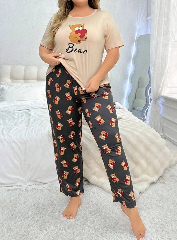 PYJAMA PLUS  20 22 24 MULTICOLOUR TEDDY BEAR HEART STRETCH LOUNGEWEAR COMFORT