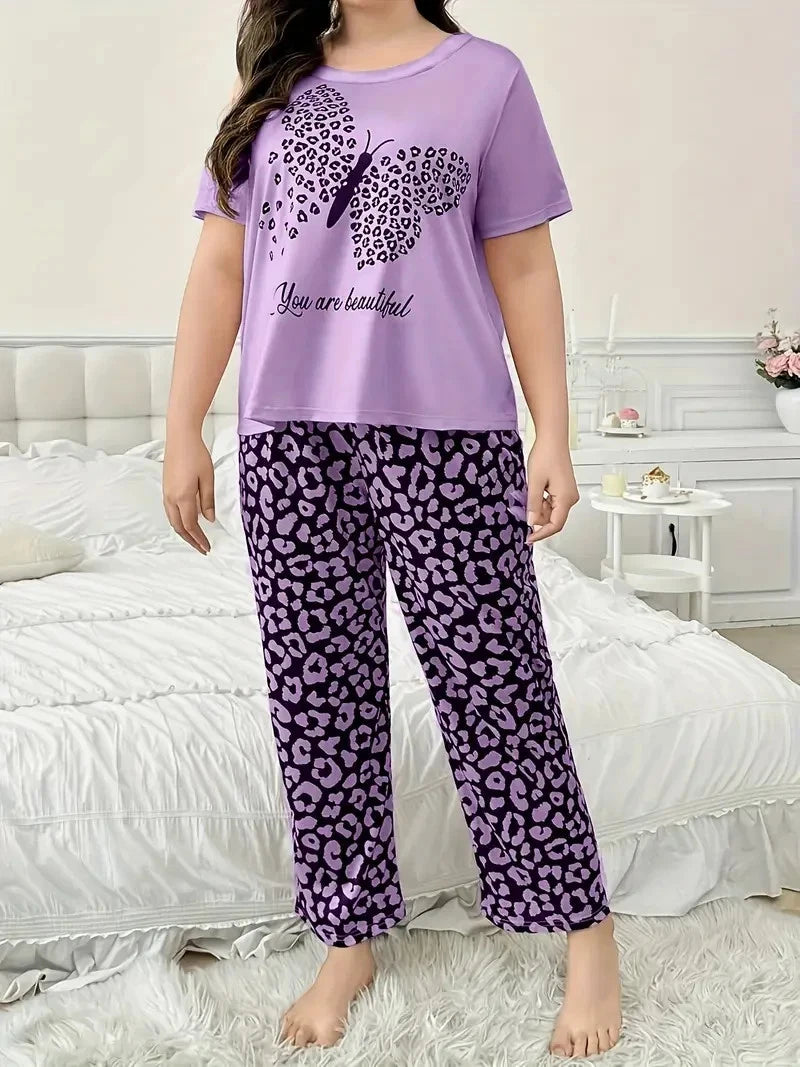 PYJAMA PLUS 20 22 24 26 PURPLE BUTTERFLY ANIMAL PRINT STRETCH LOUNGEWEAR COMFORT